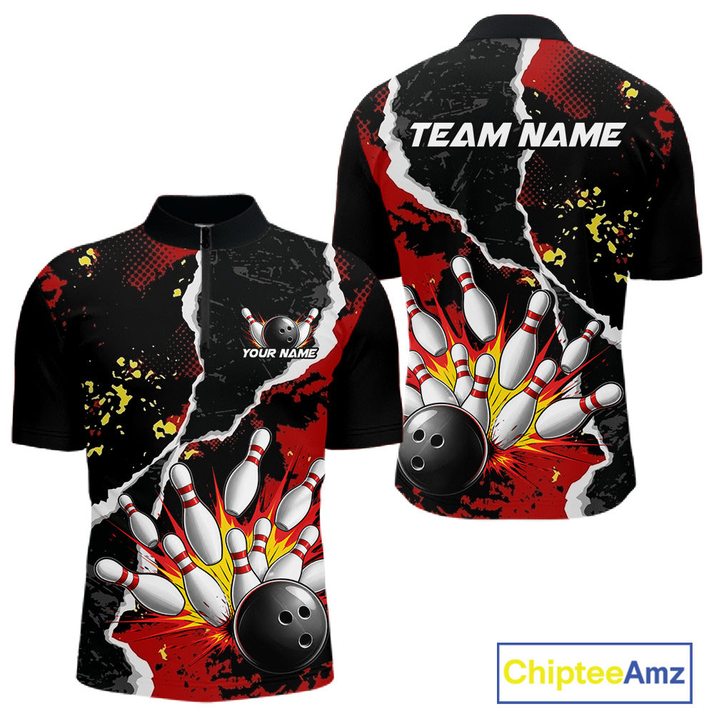 Grunge Black & Red Strike Bowling Ball & Pins Shirts For Men Personalized Bowling Team Outfits NYN3186