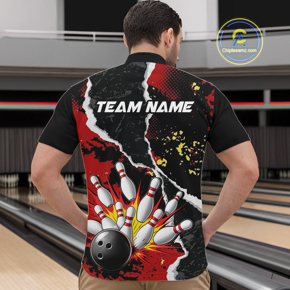 Grunge Black & Red Strike Bowling Ball & Pins Shirts For Men Personalized Bowling Team Outfits NYN3186