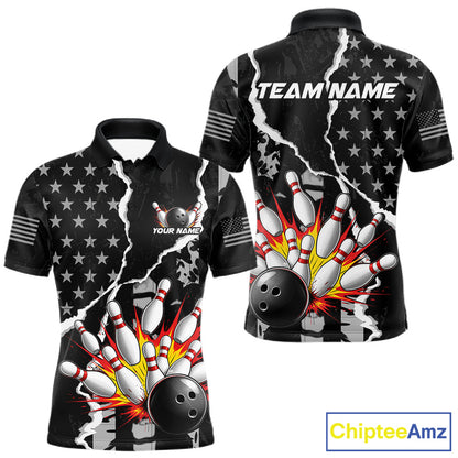 Grunge Black US Flag Strike Bowling Ball & Pins Shirts  For Men Custom Patriot Bowling Team Outfits NYN3186