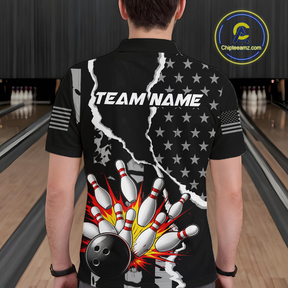 Grunge Black US Flag Strike Bowling Ball & Pins Shirts  For Men Custom Patriot Bowling Team Outfits NYN3186