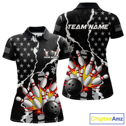 Grunge Black US Flag Strike Bowling Ball & Pins Shirts  For Women Custom Patriot Bowling Team Outfits NYN3186