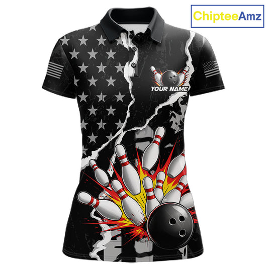 Grunge Black US Flag Strike Bowling Ball & Pins Shirts  For Women Custom Patriot Bowling Team Outfits NYN3186