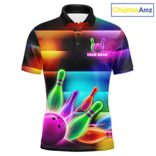 Load image into Gallery viewer, Neon light bowling team shirt for men colorful bowling ball and pins jersey