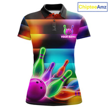 Load image into Gallery viewer, Neon light bowling team shirt for women colorful bowling ball and pins jersey