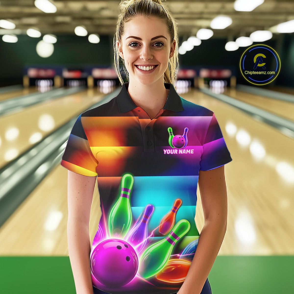 Womens Neon Light Bowling Team Shirts Personalized Colorful Ball & Pins Bowling Attire NYN3449