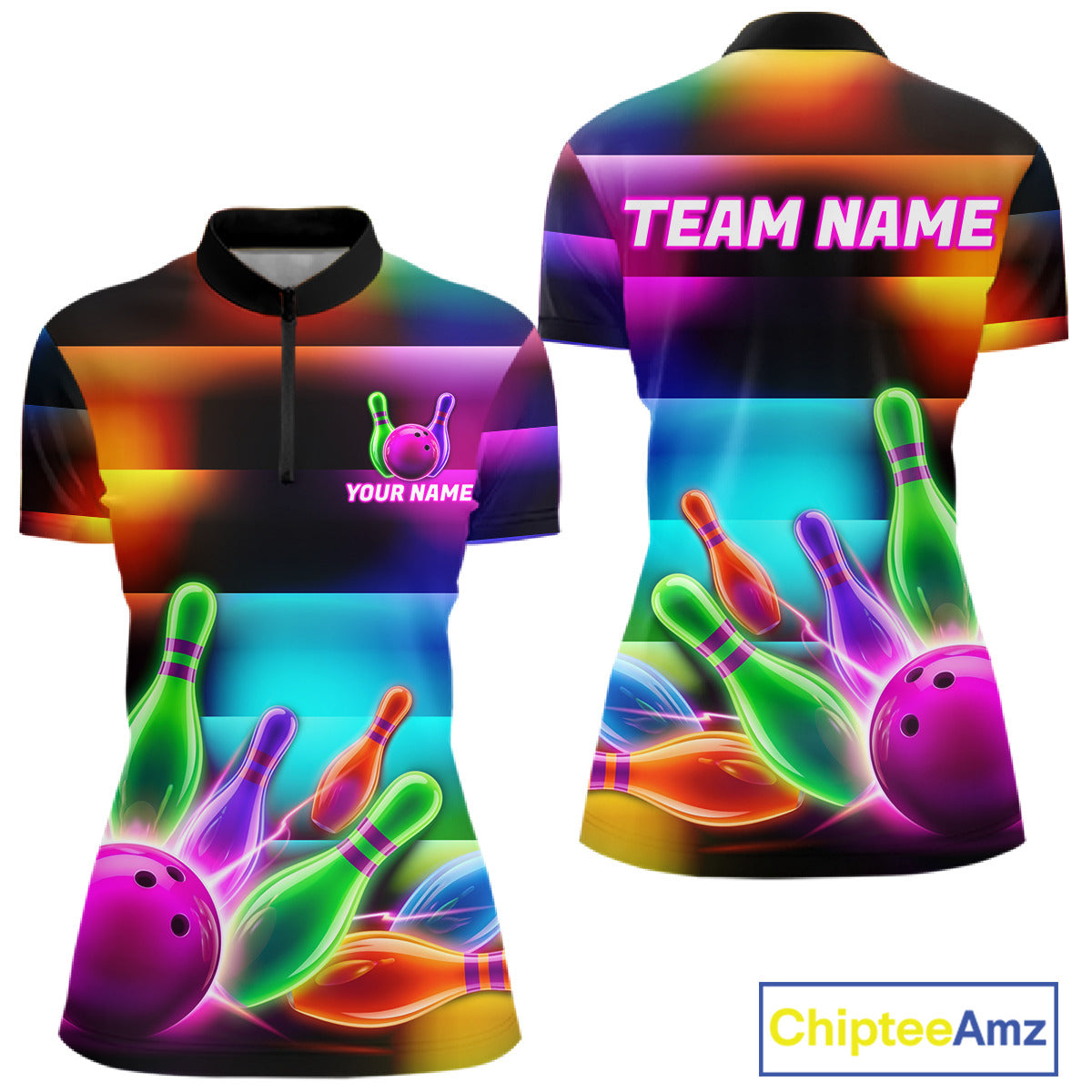 Neon light bowling team shirt for women colorful bowling ball and pins jersey