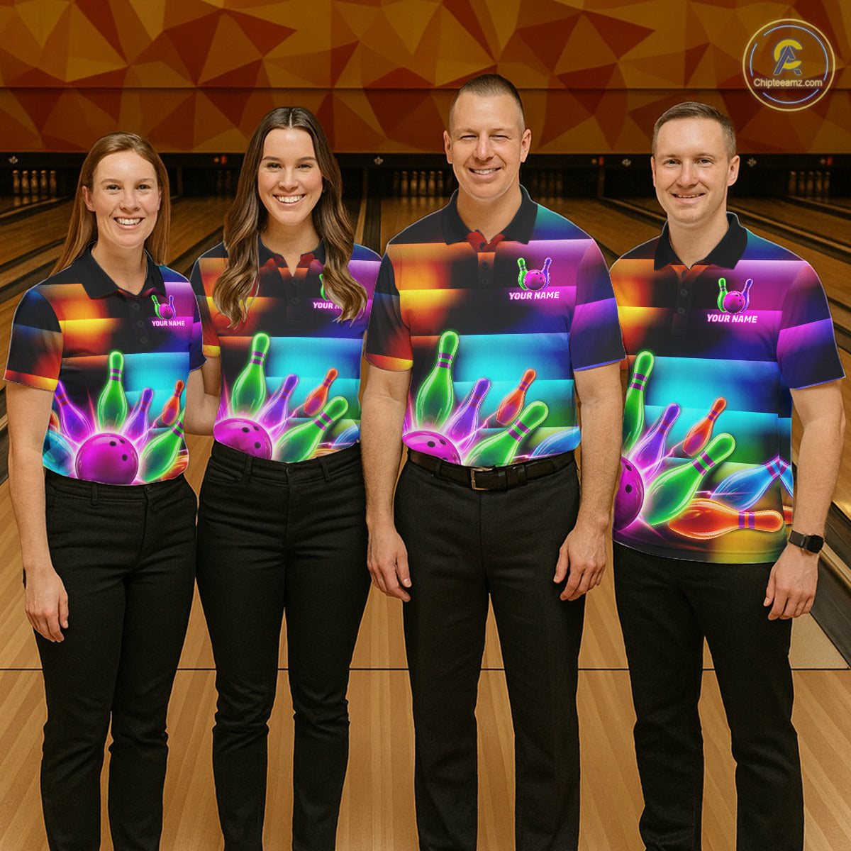 Mens Neon Light Bowling Team Shirts Personalized Colorful Ball & Pins Bowling Attire NYN3449