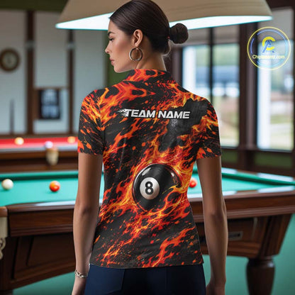 Fire Flame 8 Ball Pool Shirt For Women Custom Billiard League Team Polo & 1/4 Zip Jersey | Red NYN4023