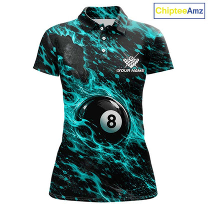 Fire Flame 8 Ball Pool Shirt For Women Custom Billiard League Team Polo & 1/4 Zip Jersey | Teal NYN4024