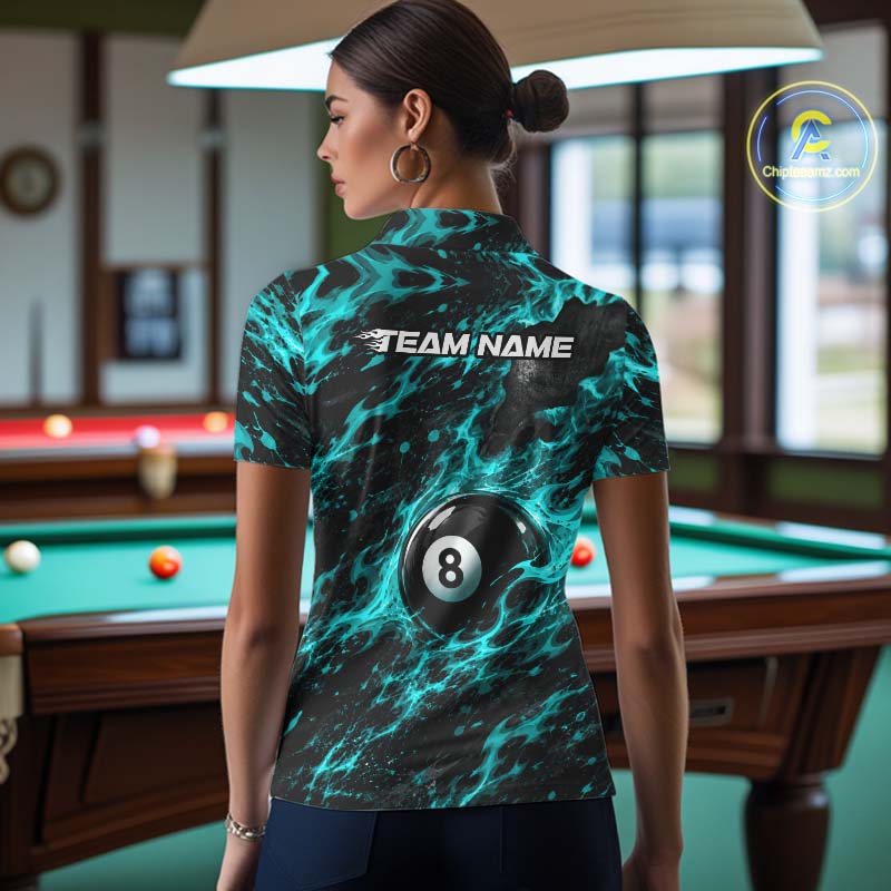 Fire Flame 8 Ball Pool Shirt For Women Custom Billiard League Team Polo & 1/4 Zip Jersey | Teal NYN4024