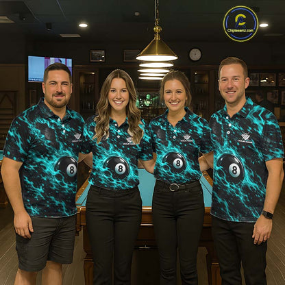 Fire Flame 8 Ball Pool Shirt For Men Custom Billiard League Team Polo & 1/4 Zip Jersey | Teal NYN4024