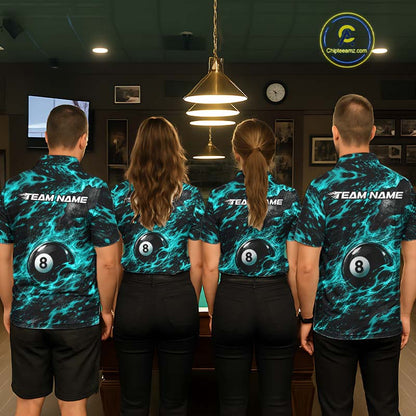 Fire Flame 8 Ball Pool Shirt For Men Custom Billiard League Team Polo & 1/4 Zip Jersey | Teal NYN4024