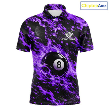 Fire Flame 8 Ball Pool Shirt For Men Custom Billiard League Team Polo & 1/4 Zip Jersey | Purple NYN4025