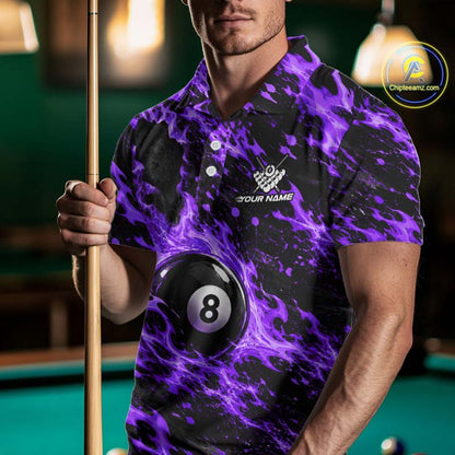 Fire Flame 8 Ball Pool Shirt For Men Custom Billiard League Team Polo & 1/4 Zip Jersey | Purple NYN4025