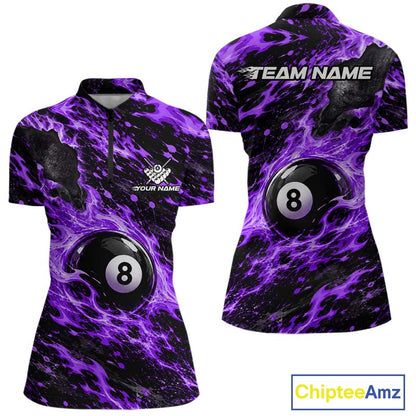 Fire Flame 8 Ball Pool Shirt For Women Custom Billiard League Team Polo & 1/4 Zip Jersey | Purple NYN4025