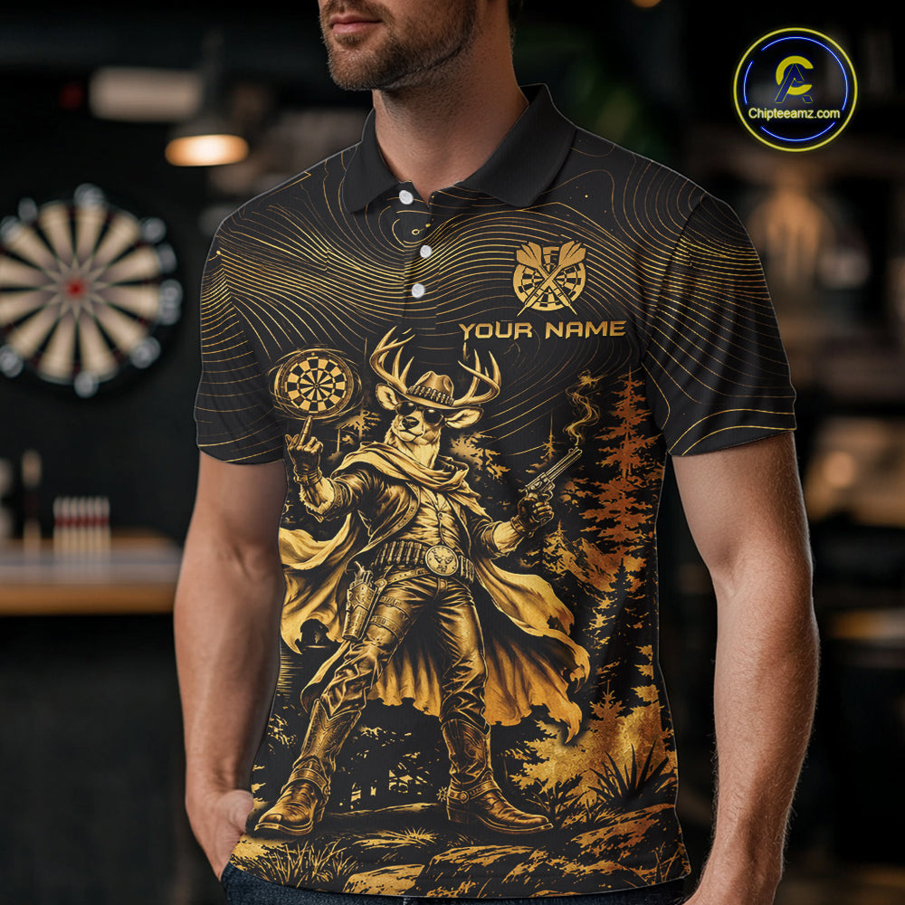 Personalized Cowboy Deer Darts Team Shirt For Men Custom Name Vintage Gold Dartboard Darts Gifts NYN4390