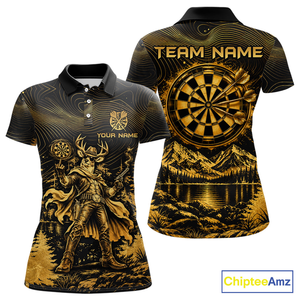 Personalized Cowboy Deer Darts Team Shirt For Women Custom Name Vintage Gold Dartboard Darts Gifts NYN4390