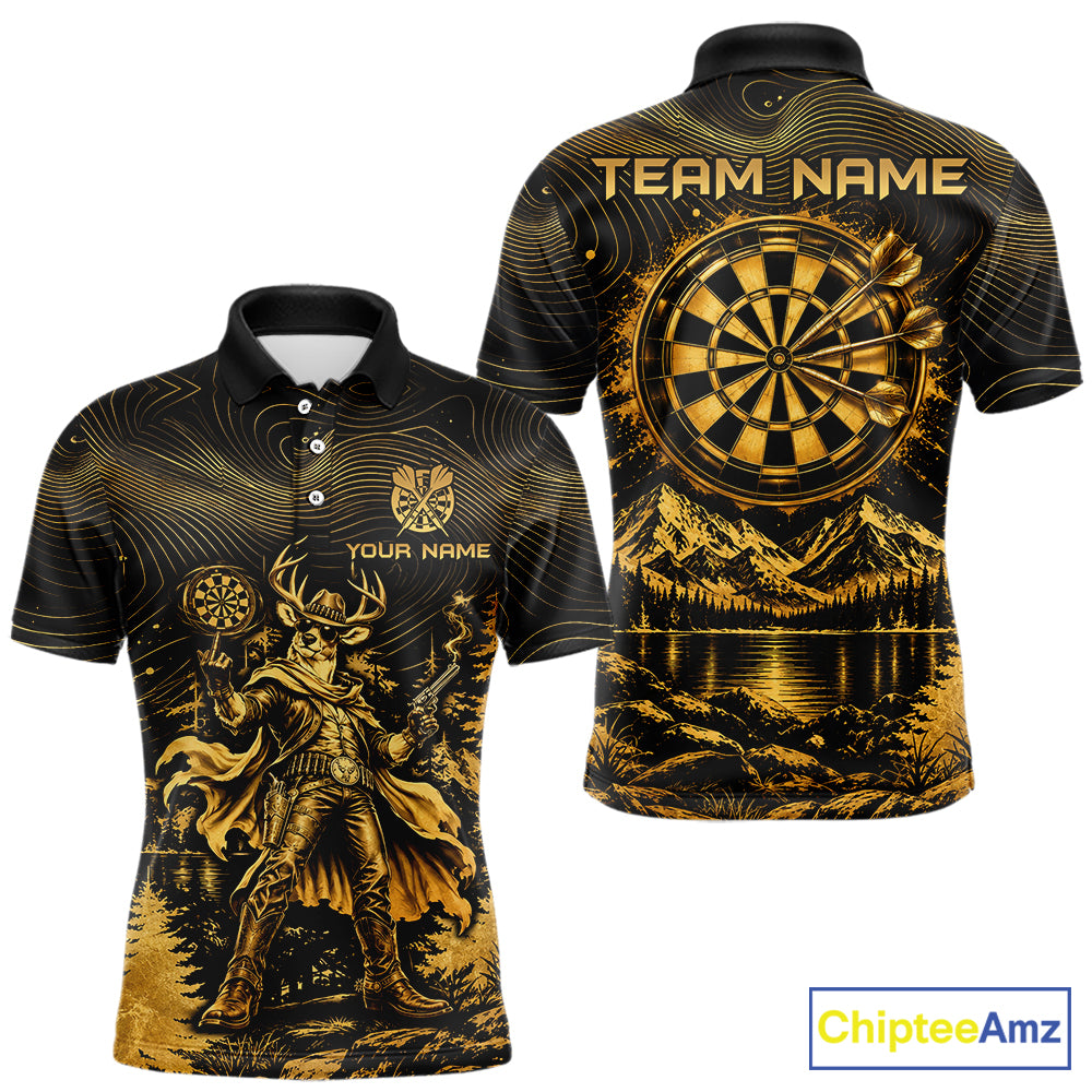 Personalized Cowboy Deer Darts Team Shirt For Men Custom Name Vintage Gold Dartboard Darts Gifts NYN4390