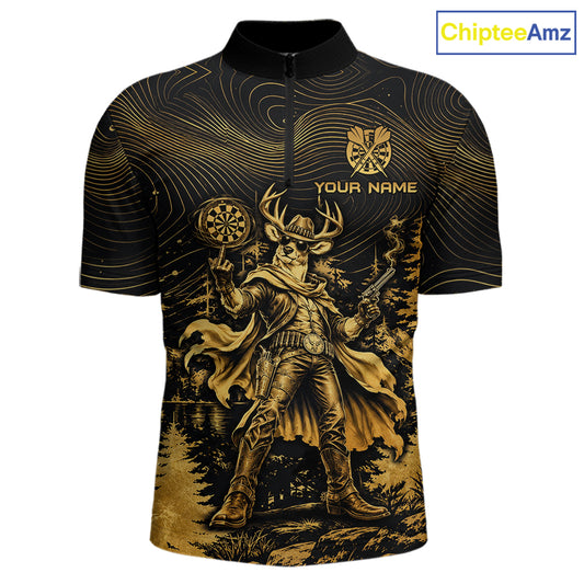 Personalized Cowboy Deer Darts Team Shirt For Men Custom Name Vintage Gold Dartboard Darts Gifts NYN4390