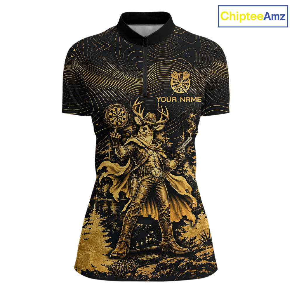 Personalized Cowboy Deer Darts Team Shirt For Women Custom Name Vintage Gold Dartboard Darts Gifts NYN4390