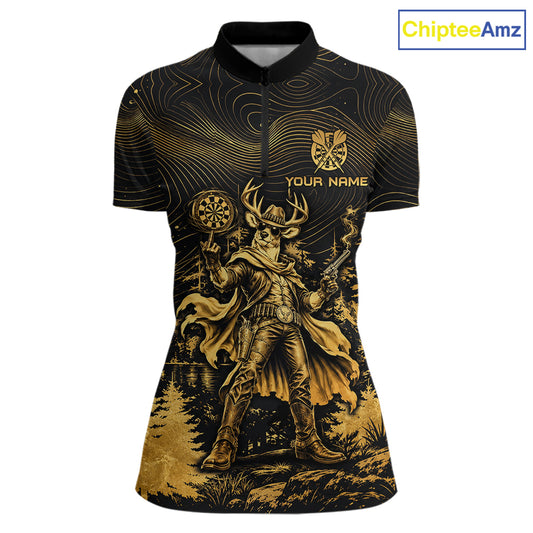 Personalized Cowboy Deer Darts Team Shirt For Women Custom Name Vintage Gold Dartboard Darts Gifts NYN4390