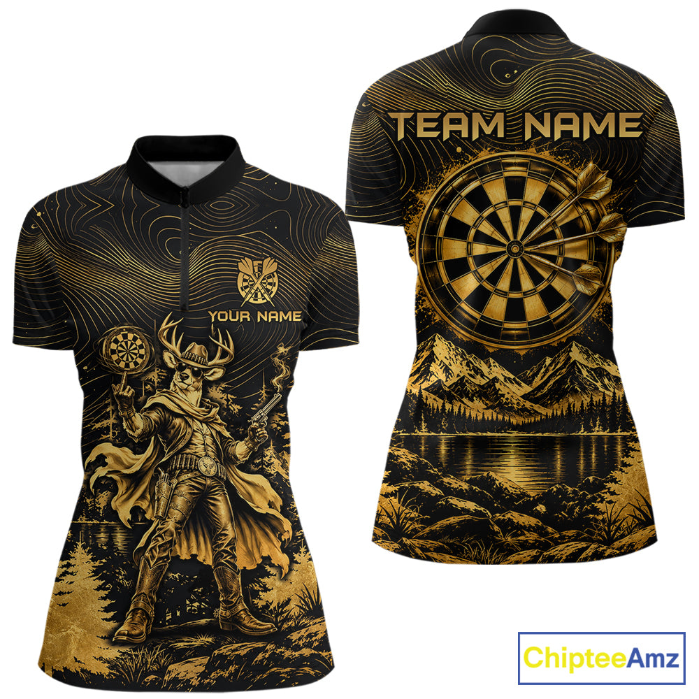Personalized Cowboy Deer Darts Team Shirt For Women Custom Name Vintage Gold Dartboard Darts Gifts NYN4390