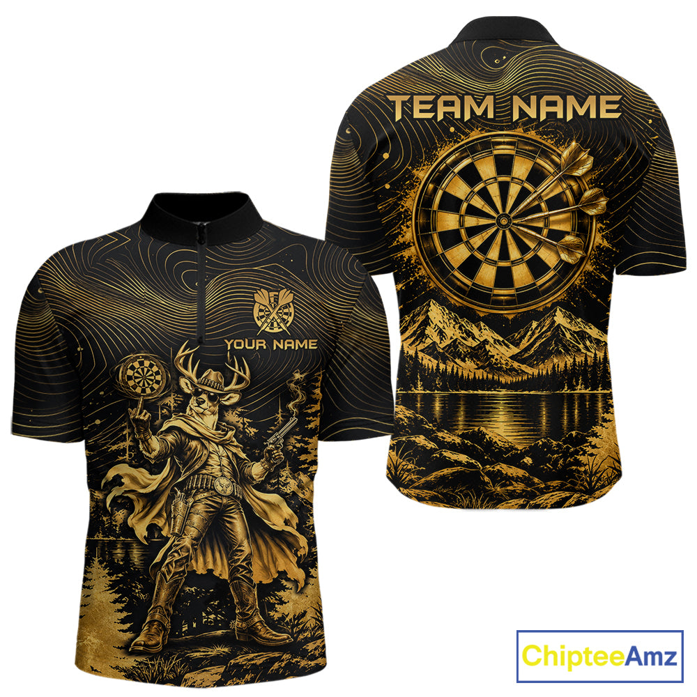 Personalized Cowboy Deer Darts Team Shirt For Men Custom Name Vintage Gold Dartboard Darts Gifts NYN4390