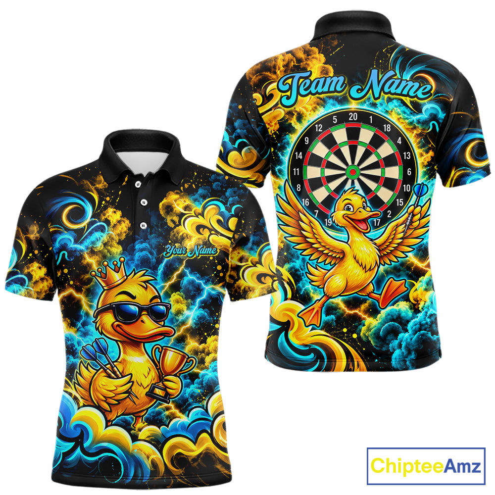 Yellow Blue Smoke Duck Darts Polo 1/4-Zip Shirt For Men Neon Lightning Funny Darts Team Uniform NYN4774