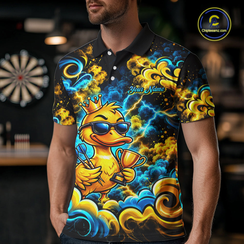 Yellow Blue Smoke Duck Darts Polo 1/4-Zip Shirt For Men Neon Lightning Funny Darts Team Uniform NYN4774