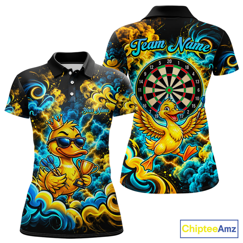 Yellow Blue Smoke Duck Darts Polo 1/4-Zip Shirt For Women Neon Lightning Funny Darts Team Uniform NYN4774