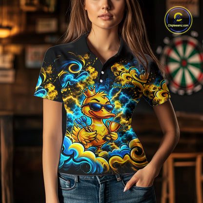 Yellow Blue Smoke Duck Darts Polo 1/4-Zip Shirt For Women Neon Lightning Funny Darts Team Uniform NYN4774