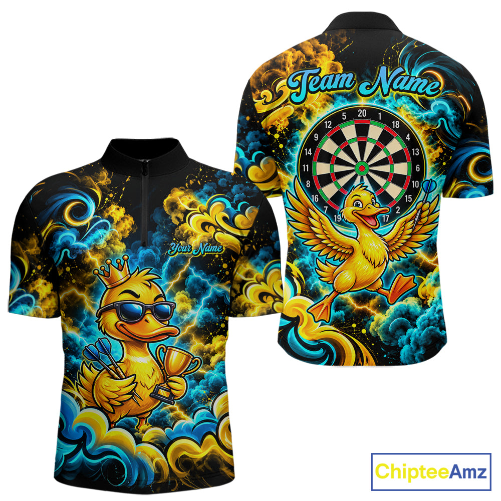 Yellow Blue Smoke Duck Darts Polo 1/4-Zip Shirt For Men Neon Lightning Funny Darts Team Uniform NYN4774
