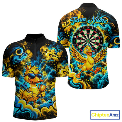 Yellow Blue Smoke Duck Darts Polo 1/4-Zip Shirt For Men Neon Lightning Funny Darts Team Uniform NYN4774