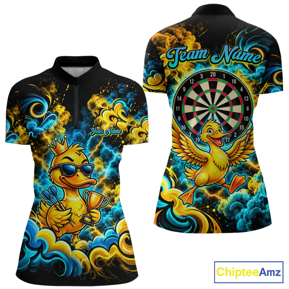 Yellow Blue Smoke Duck Darts Polo 1/4-Zip Shirt For Women Neon Lightning Funny Darts Team Uniform NYN4774