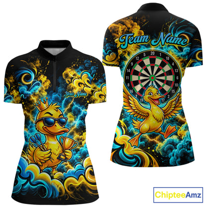 Yellow Blue Smoke Duck Darts Polo 1/4-Zip Shirt For Women Neon Lightning Funny Darts Team Uniform NYN4774