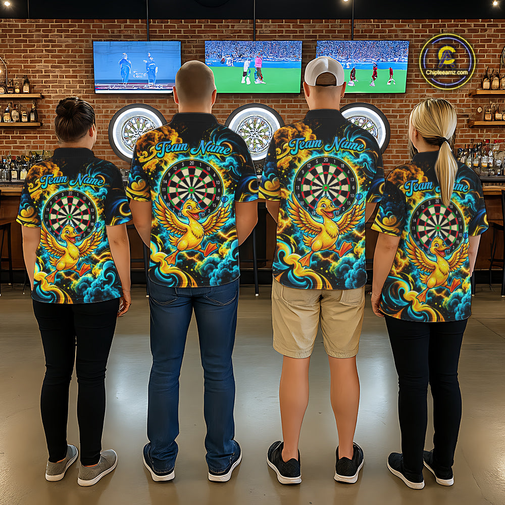 Yellow Blue Smoke Duck Darts Polo 1/4-Zip Shirt For Men Neon Lightning Funny Darts Team Uniform NYN4774