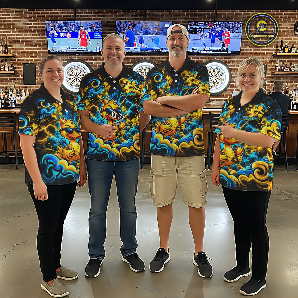 Yellow Blue Smoke Duck Darts Polo 1/4-Zip Shirt For Men Neon Lightning Funny Darts Team Uniform NYN4774
