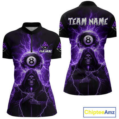Grim Reaper Thunder Purple 8 Ball Pool Women Polo & 1/4-Zip Shirt Custom Billiards Ball Jerseys NYN2432