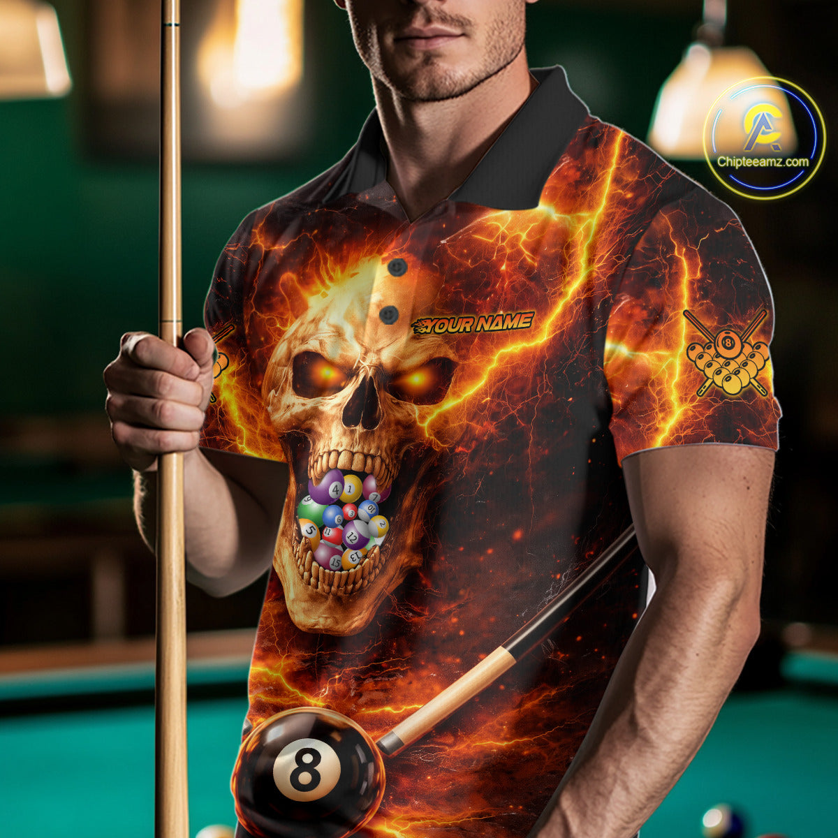 Thunder Red Skull Billiard 8 Ball & Sticks Billiard Shirt For Men Personalized Billiard Ball Shirts NYN2655