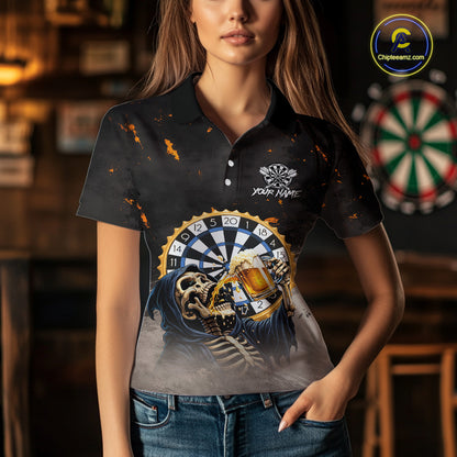 Personalized Funny Grim Reaper Play Darts & Beer Polo & 1/4-Zip Shirts For Women Dart Team Jerseys NYN2815
