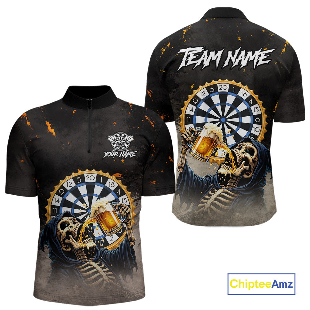 Personalized Funny Grim Reaper Play Darts & Beer Polo & 1/4-Zip Shirts For Men Dart Team Jerseys NYN2815