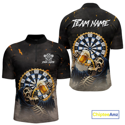Personalized Funny Grim Reaper Play Darts & Beer Polo & 1/4-Zip Shirts For Men Dart Team Jerseys NYN2815