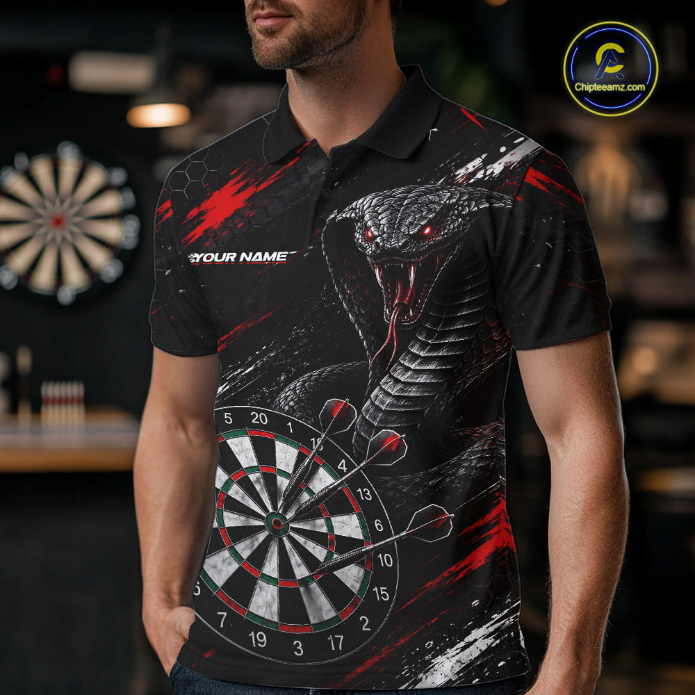 Male model wearing Black Red Cobra Darts Polo, Personalized Tournament Uniform