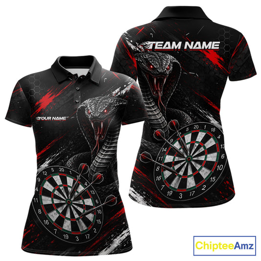 Black Red Cobra Women's Darts Polo Shirt Mockup, Custom Cobra Dart Tournament Jersey, Personalized League Apparel
