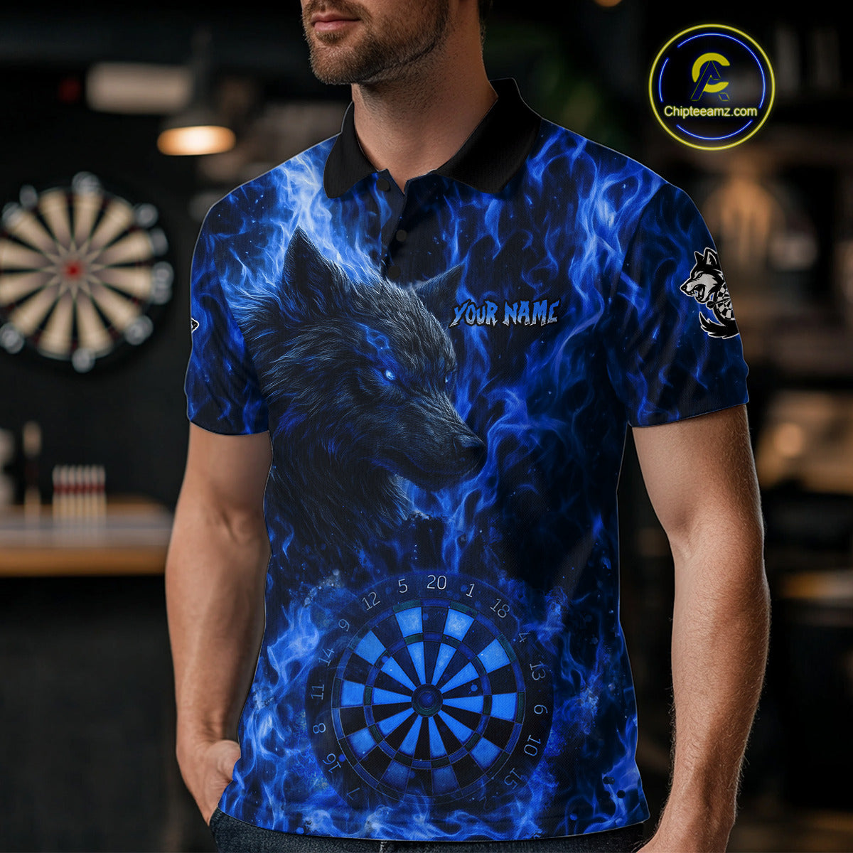 Custom Black Blue Flames Wolf Dartboard Dart Men Polo Shirt Outfits Dart Jerseys NYN1617