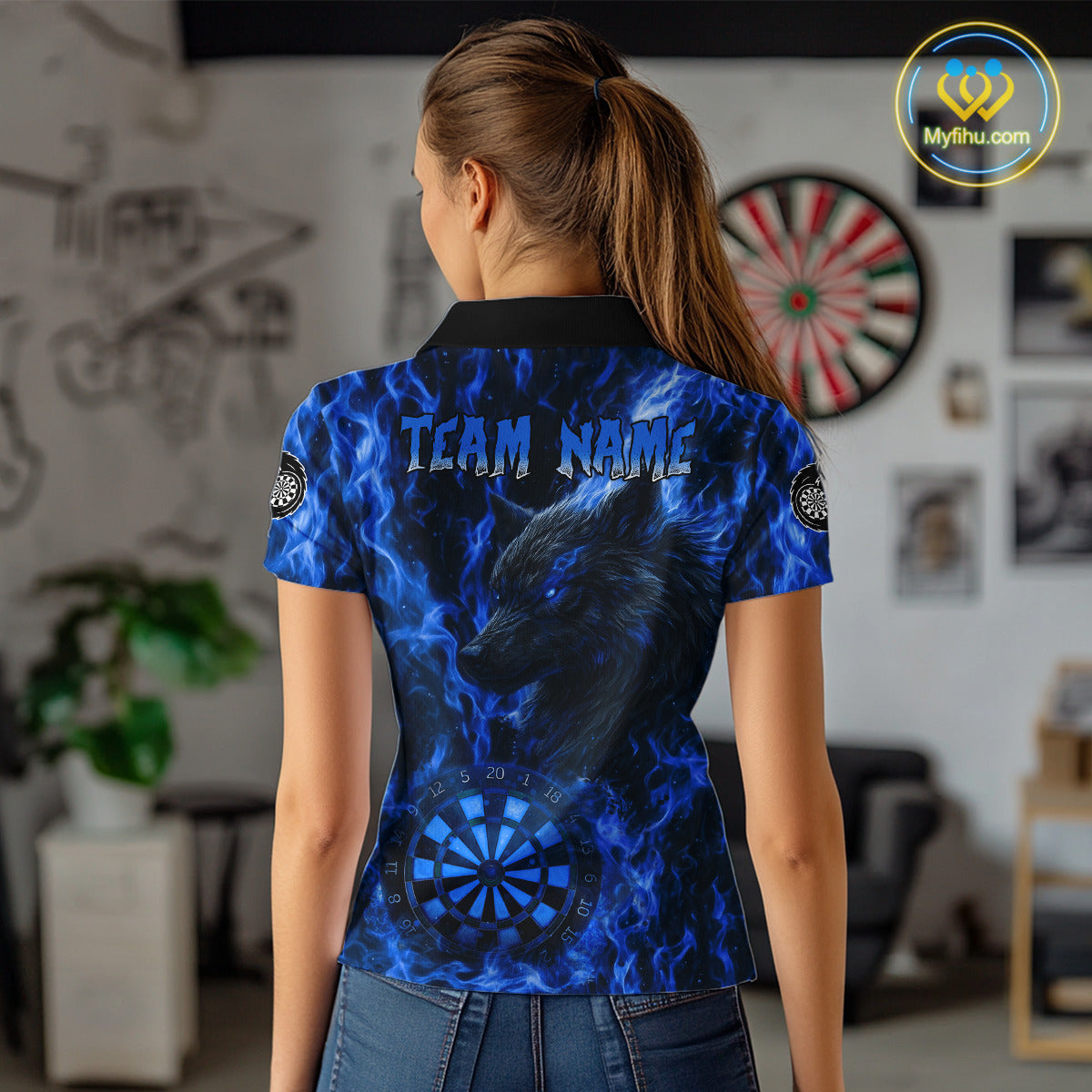 Custom Black Blue Flames Wolf Dartboard Dart Women Polo Shirt Outfits Dart Jerseys NYN1617