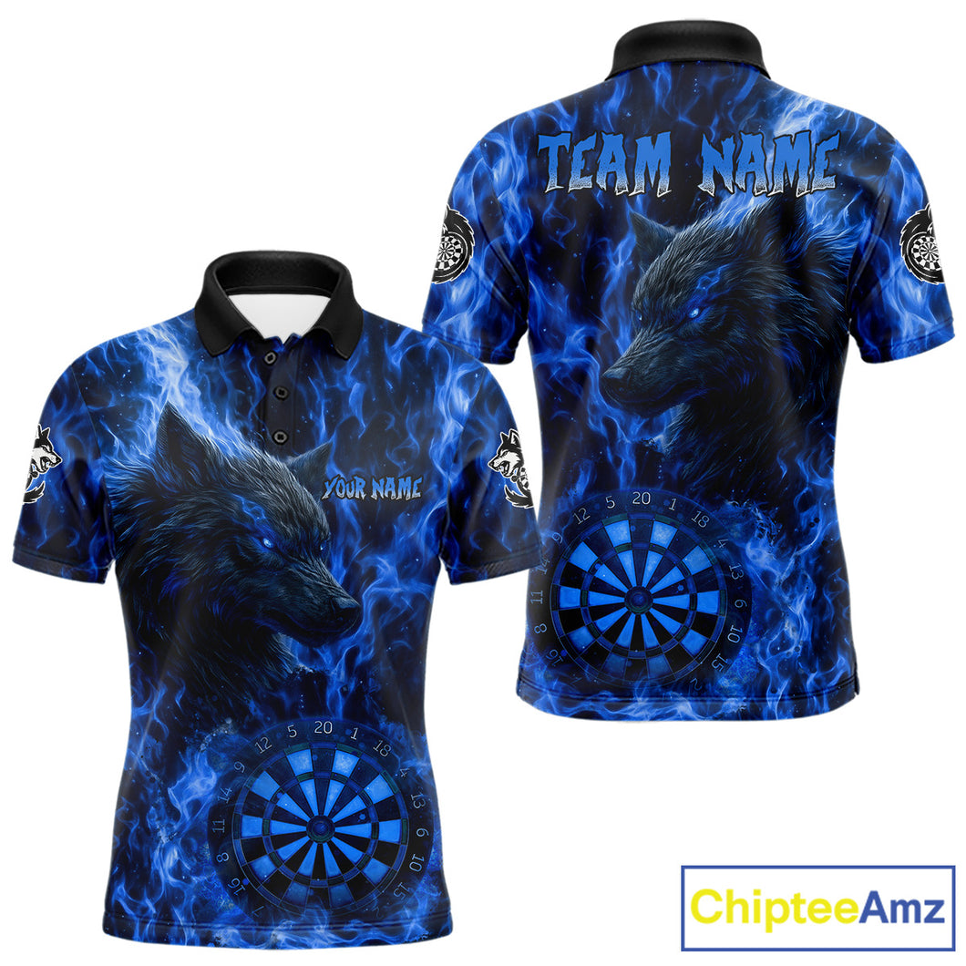 Custom Black Blue Flames Wolf Dartboard Dart Men Polo Shirt Outfits Dart Jerseys NYN1617