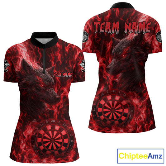 Custom Black Blue Flames Wolf Dartboard Dart Women Quarter-Zip Shirt Outfits Dart Jerseys NYN1618