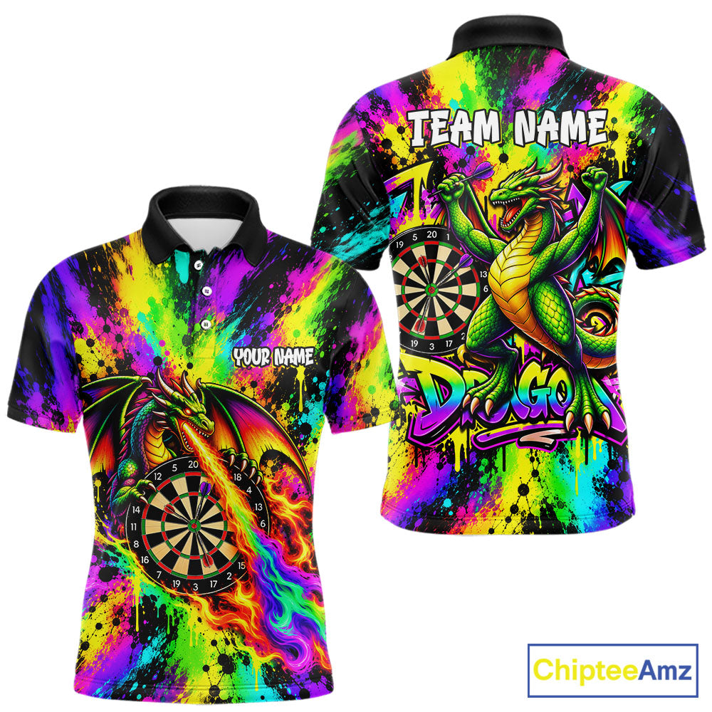 Custom Flame Dragon Darts 1/4-Zip Polo Shirt For Men Colorful Splatter Funny Darts Team Jersey NYN4791