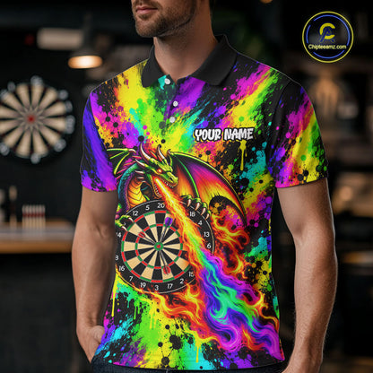 Custom Flame Dragon Darts 1/4-Zip Polo Shirt For Men Colorful Splatter Funny Darts Team Jersey NYN4791